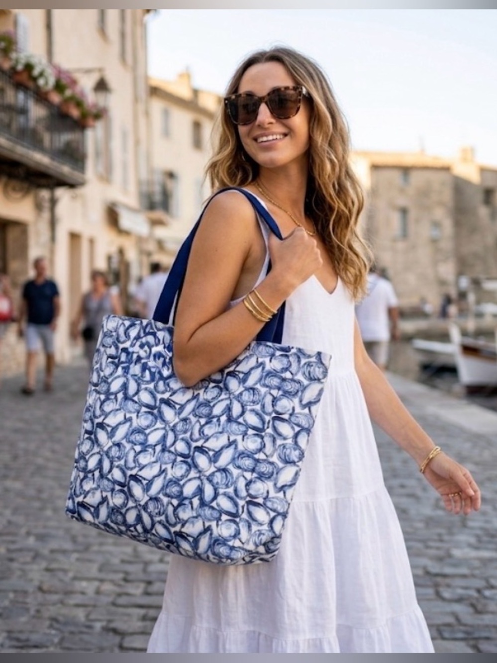 Sigrid Olsen Blue Shell-Pattern Tote with Navy Straps